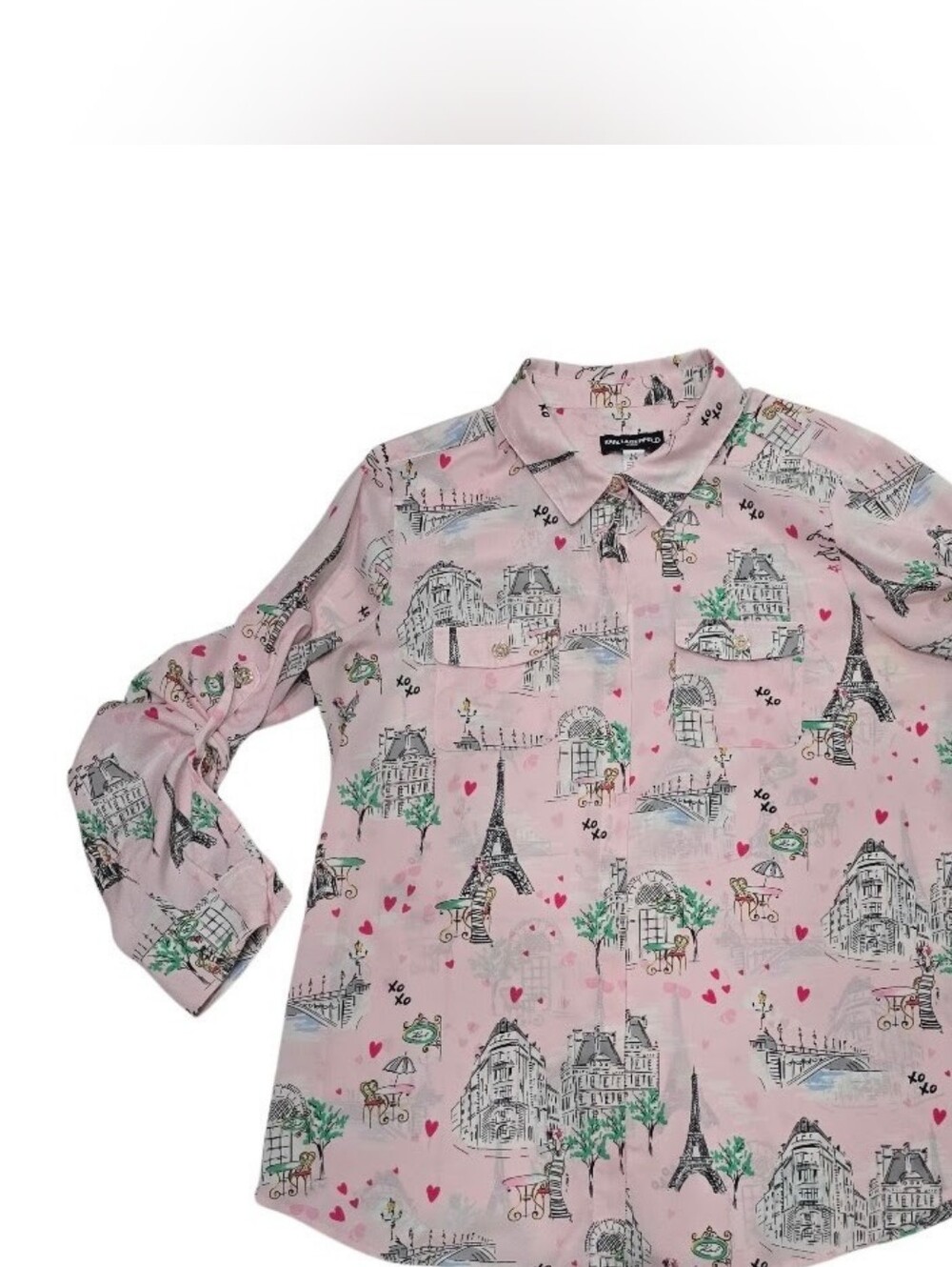 Karl Lagerfeld Paris Pink Eiffel Tower Print Button-Up Blouse Large - Picture 4 of 11